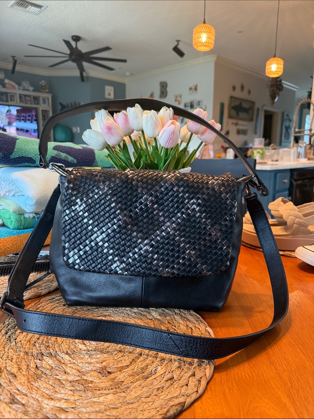 HOBO Black Woven Flap Shoulder Bag